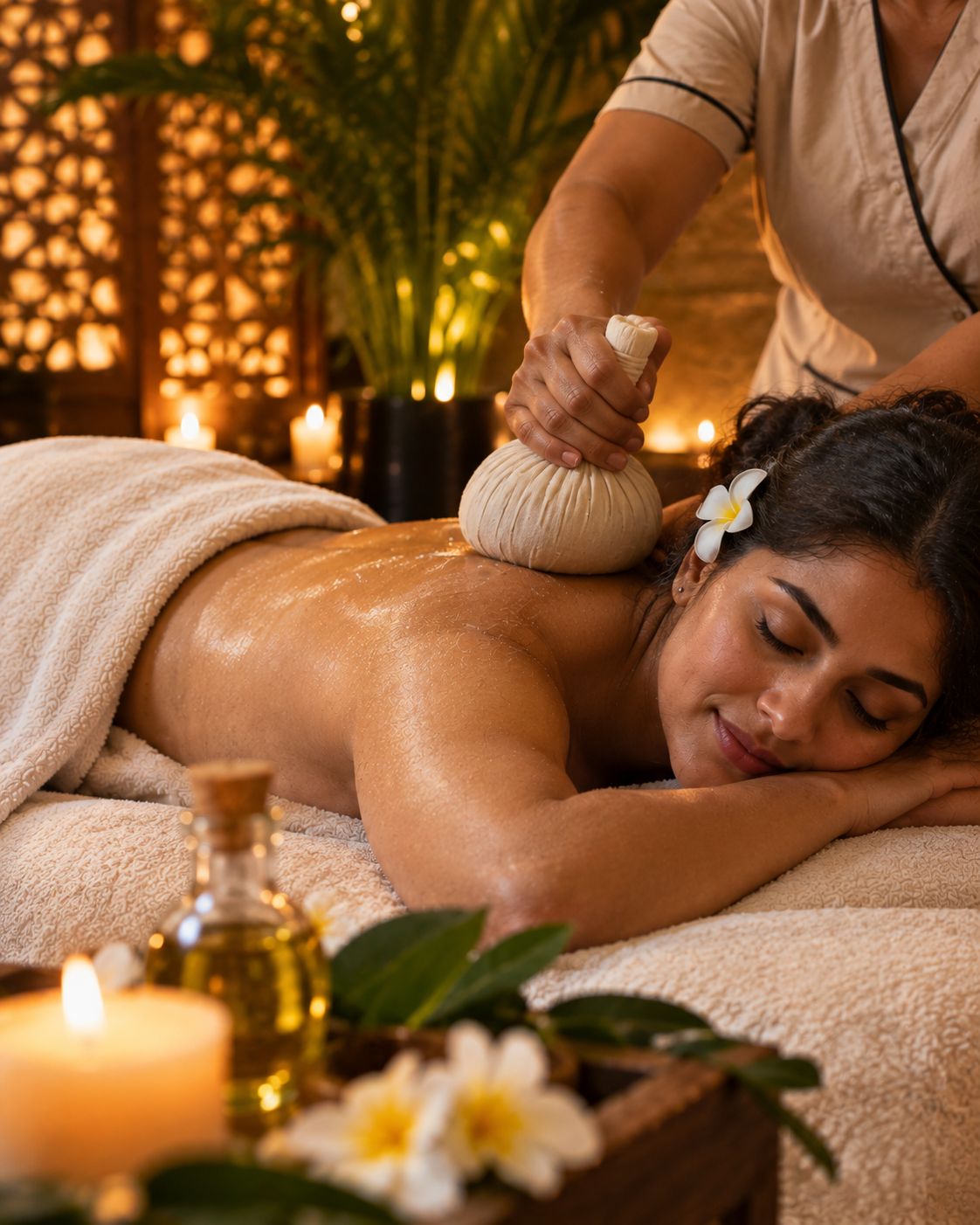 Therapist pressing a warm herbal compress onto a guest's back during a massage in a candle-lit spa room